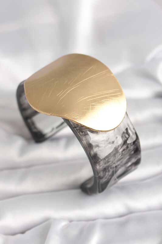 Siyah Mermer Desen Akrilik Plastik Gold Daire Plaka Model Vintage Kadın Bilezik - EBJ250201W30892 - 1