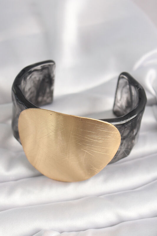 Siyah Mermer Desen Akrilik Plastik Gold Daire Plaka Model Vintage Kadın Bilezik - EBJ250201W30892 - 2