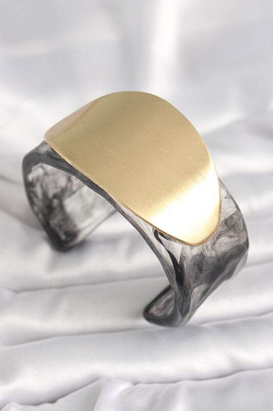 Siyah Mermer Desen Akrilik Plastik Gold Oval Plaka Model Vintage Kadın Bilezik - EBJ250201W30896 - 1