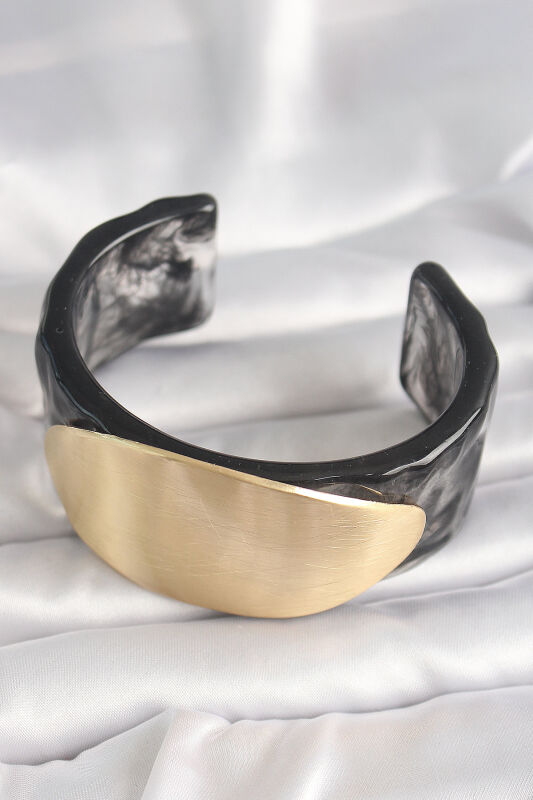 Siyah Mermer Desen Akrilik Plastik Gold Oval Plaka Model Vintage Kadın Bilezik - EBJ250201W30896 - 2