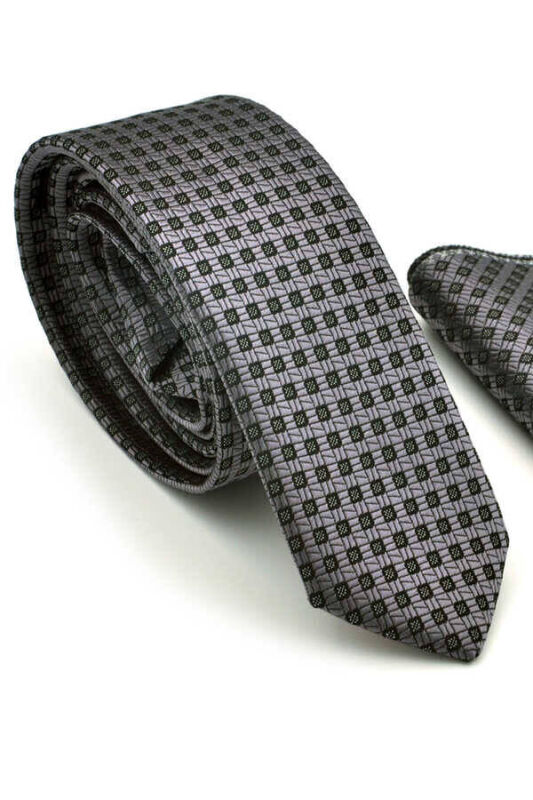 Siyah Pöti Kareli Füme Dokuma Kumaş Mendilli Slim Fit Kravat / SDK-220703 - 1