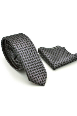 Siyah Pöti Kareli Füme Dokuma Kumaş Mendilli Slim Fit Kravat / SDK-220703 - 2