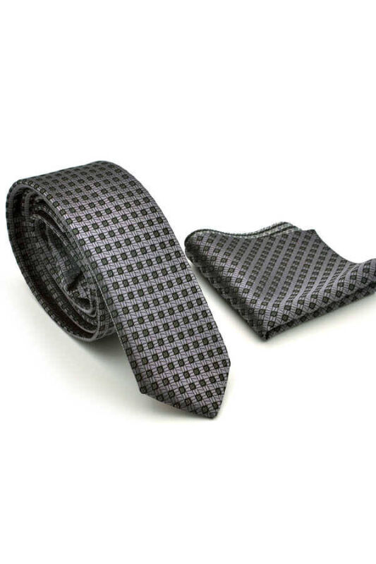 Siyah Pöti Kareli Füme Dokuma Kumaş Mendilli Slim Fit Kravat / SDK-220703 - 2