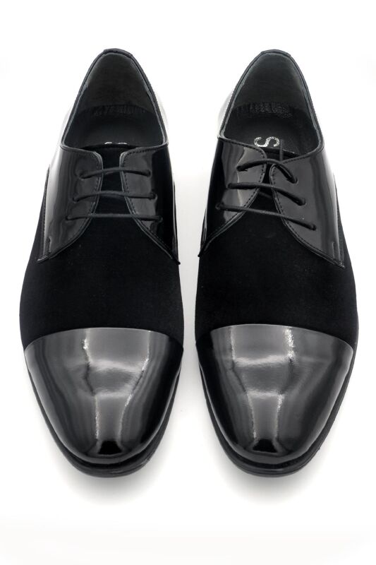 Siyah Rugan Süet Garnitürlü Hakik Deri Bağcıklı Klasik Erkek Ayakkabı - 2