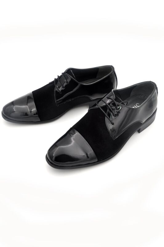 Siyah Rugan Süet Garnitürlü Hakik Deri Bağcıklı Klasik Erkek Ayakkabı - 4