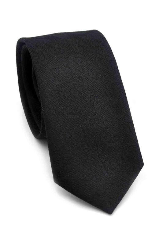 Siyah Şal Desenli Dokuma Kumaş Mendilli Slim Fit Kravat // SDK-250201 - 1
