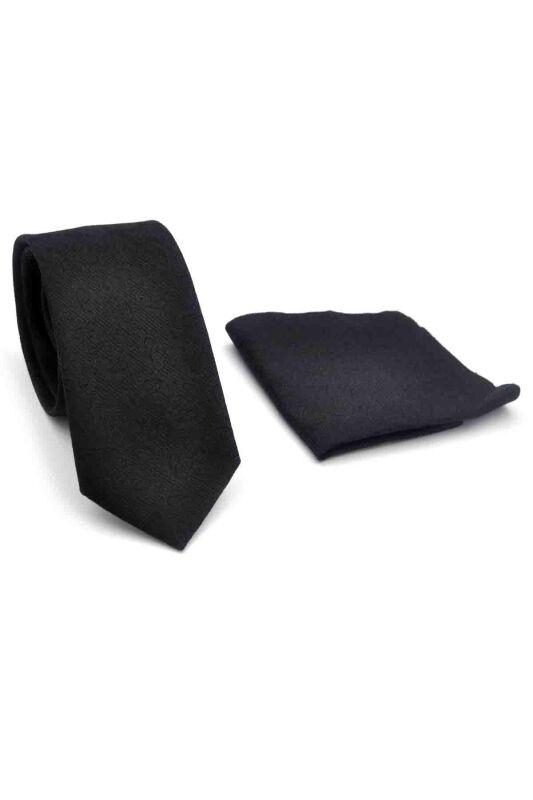 Siyah Şal Desenli Dokuma Kumaş Mendilli Slim Fit Kravat // SDK-250201 - 2