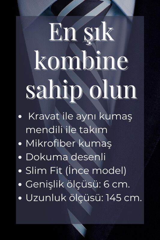 Siyah Şal Desenli Dokuma Kumaş Mendilli Slim Fit Kravat // SDK-250201 - 4