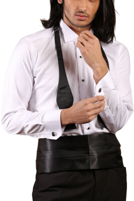 Beyaz Siyah Taş Düğmeli Damatlık Ata Yaka Kol Düğmeli Slim Fit Smokin Gömlek - 006 