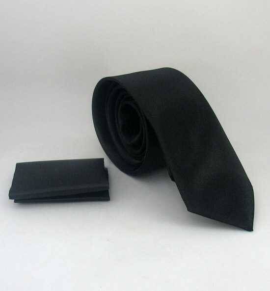 Siyah Slim Fit (ince) Düz Renk Mendilli Saten Kravat - SS-01 - 1
