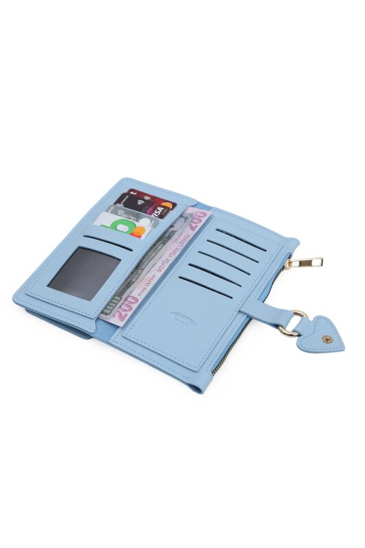 Soft Suni Deri Cep Telefon Bölmeli Trend Kadın Cüzdan Kalp Detaylı - PRS-Nisa-Bebe Mavisi - 4