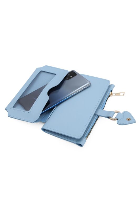Soft Suni Deri Cep Telefon Bölmeli Trend Kadın Cüzdan Kalp Detaylı - PRS-Nisa-Bebe Mavisi - 5