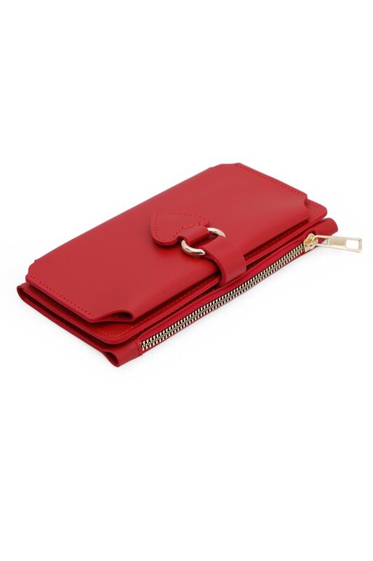 Soft Suni Deri Cep Telefon Bölmeli Trend Kadın Cüzdan Kalp Detaylı - PRS-Nisa-Kırmızı - 3