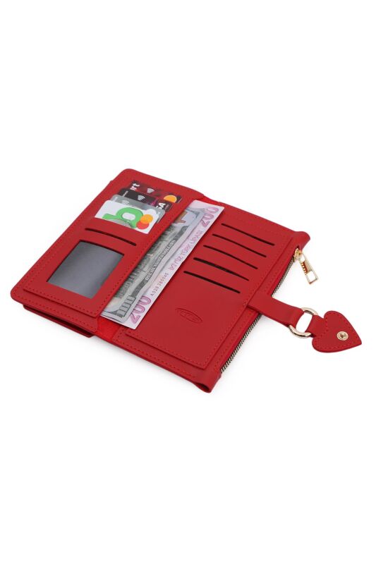 Soft Suni Deri Cep Telefon Bölmeli Trend Kadın Cüzdan Kalp Detaylı - PRS-Nisa-Kırmızı - 4