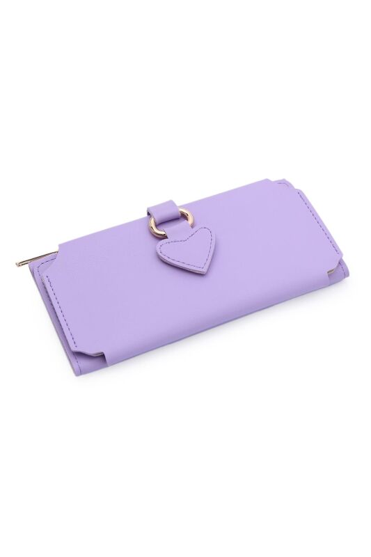 Soft Suni Deri Cep Telefon Bölmeli Trend Kadın Cüzdan Kalp Detaylı - PRS-Nisa-Lila - 2