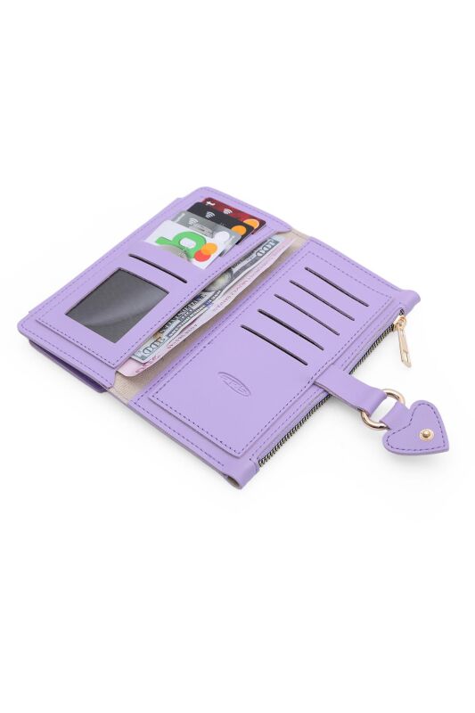 Soft Suni Deri Cep Telefon Bölmeli Trend Kadın Cüzdan Kalp Detaylı - PRS-Nisa-Lila - 4