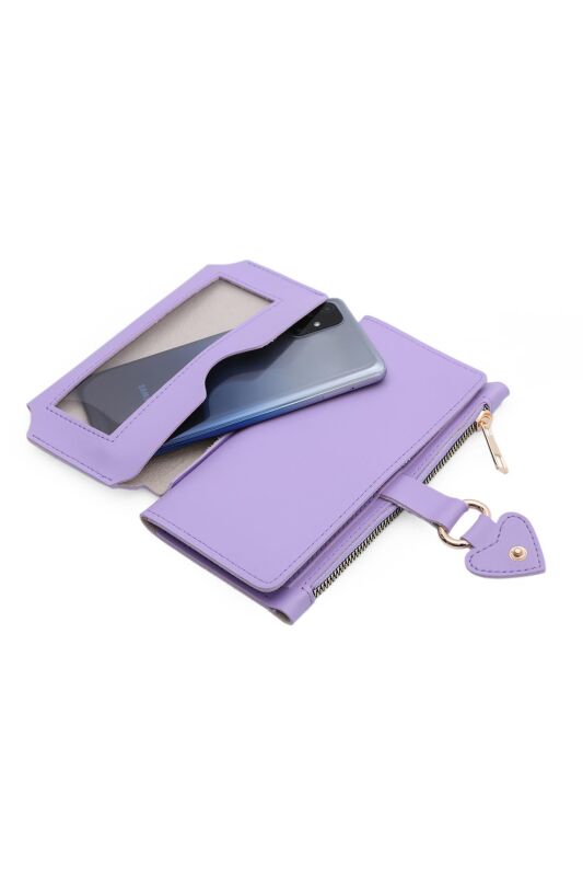 Soft Suni Deri Cep Telefon Bölmeli Trend Kadın Cüzdan Kalp Detaylı - PRS-Nisa-Lila - 5