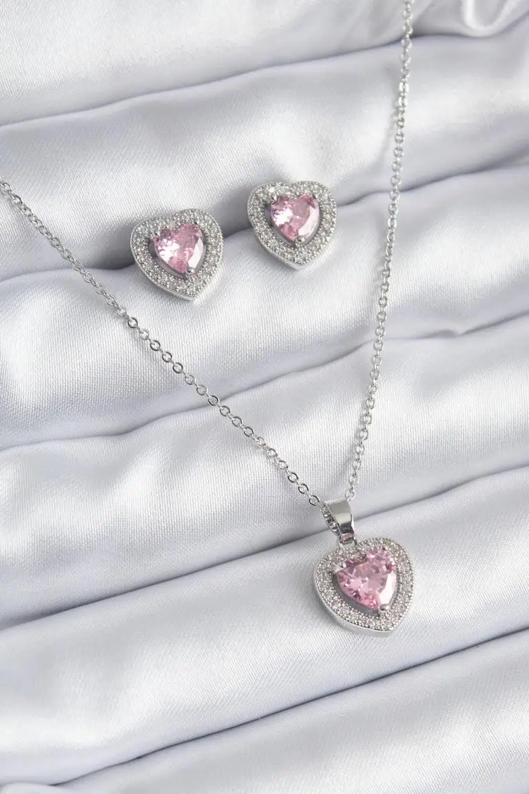 Zincir Gümüş Renk Pembe Zirkon Taşlı Kalp Model Kadın Kolye Küpe Seti - EBJ261010W47120