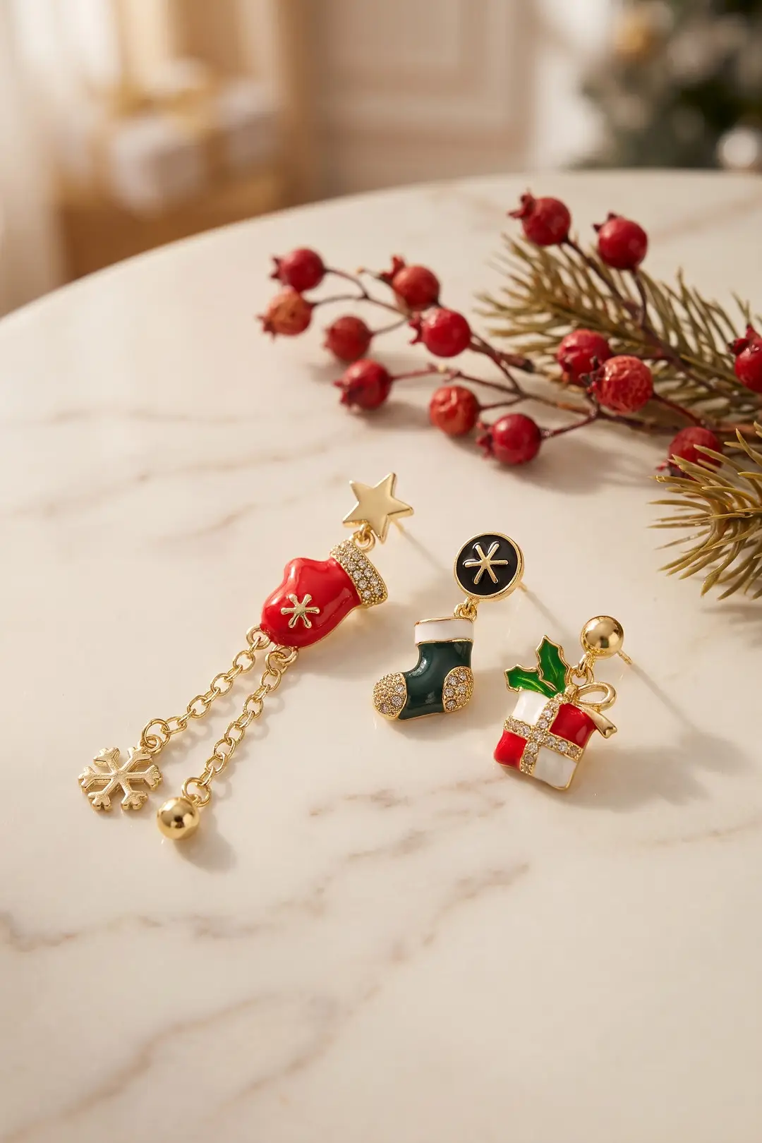 Gold Noel Baba Şapkalı Zirkon Taşlı Zincirli Yılbaşı Küpe - EBJ261010W47154