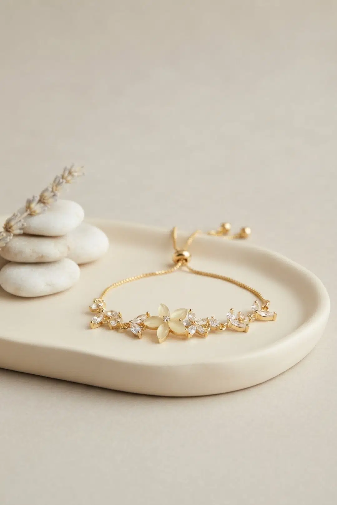 Gold Renk Zirkon Taşlı Pirinç Sedefli Çiçek Model Asansörlü Bileklik - EBJ260808W46058