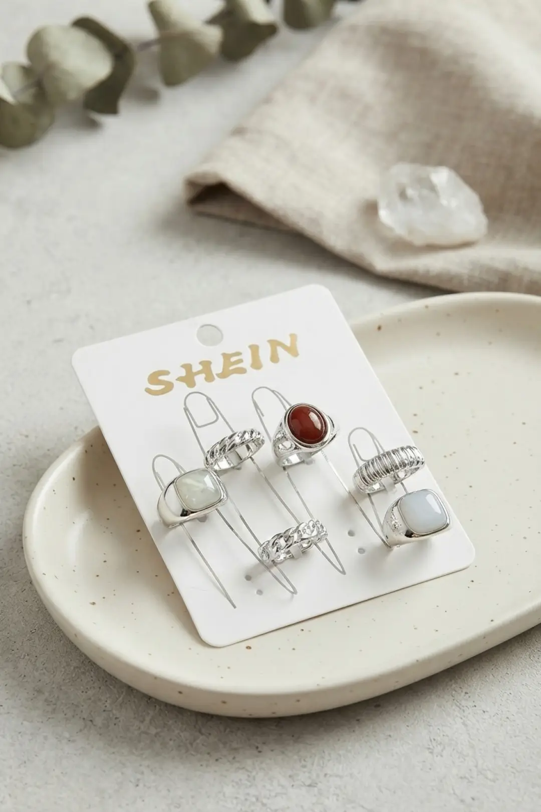 Gümüş Renk Pirinç Taş Detaylı Bohem Yüzük Kombini BYK4279 - EBJ260829W46421