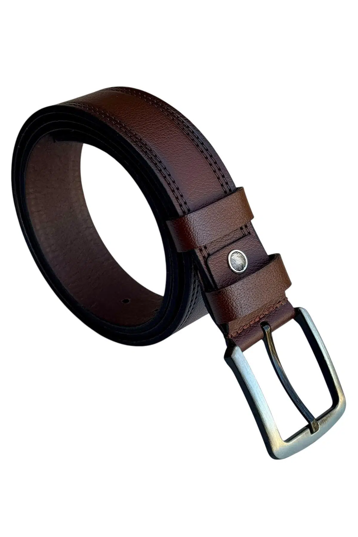 Kahverengi Hakiki Deri Düz Renk Dikişli Model 4 cm. Genişlikli Spor Kemer // 409-28