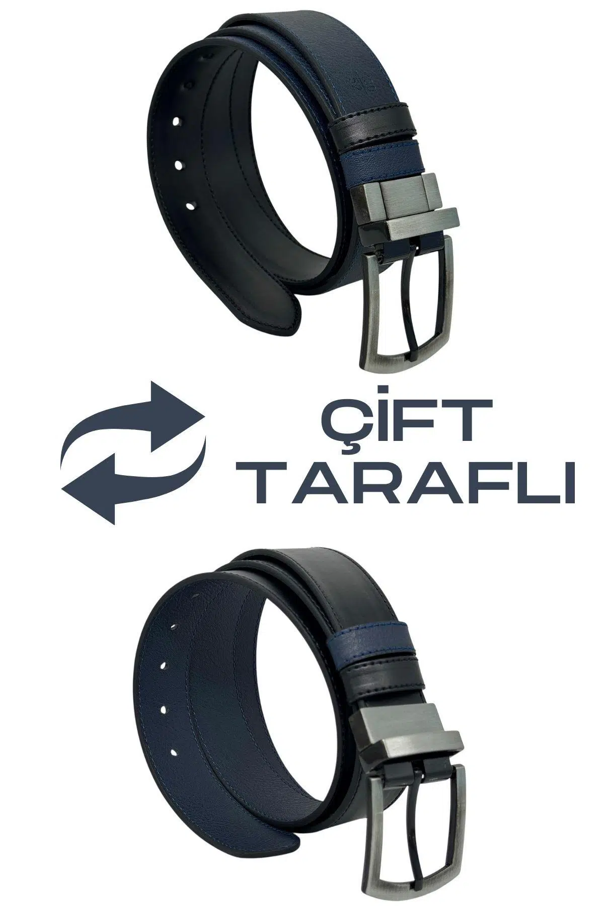 Lacivert / Siyah Çift Taraflı Suni Deri 4 cm. Genişlik Dönerli Tokalı Spor Erkek Kemer // 7110-47