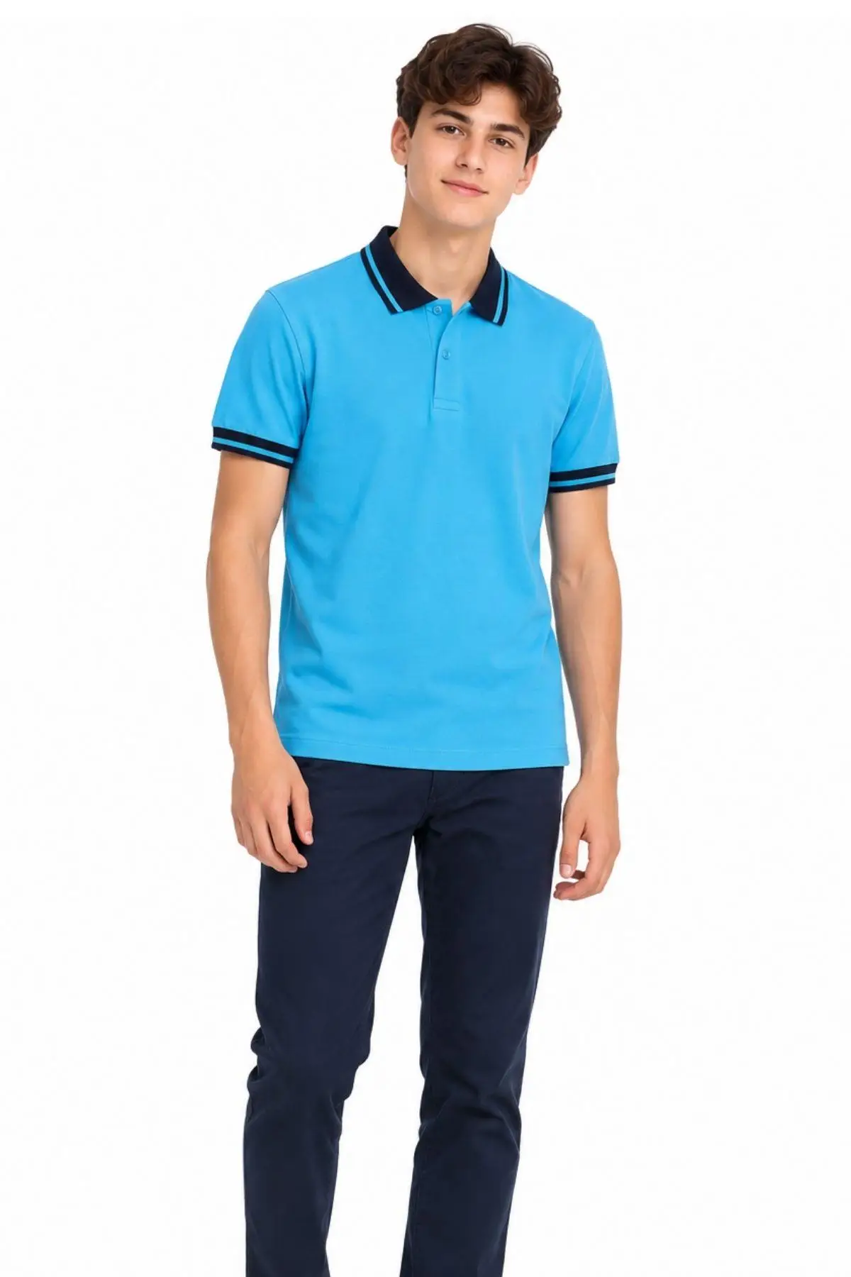 Lacivert Yakalı Turkuaz Kısa Kol Düz Renk Lakos Tişört Polo Yaka T-shirt 