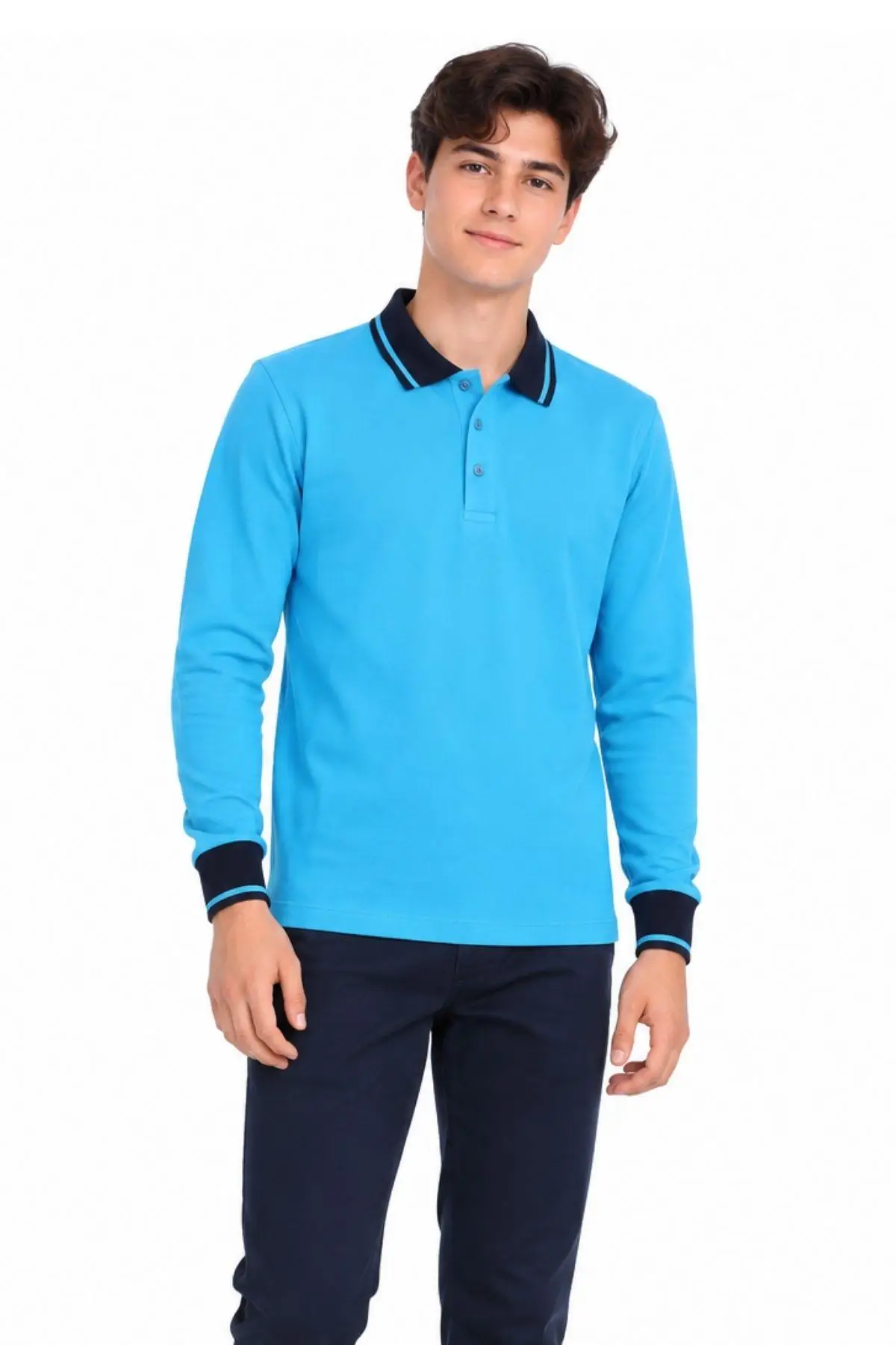 Lacivert Yakalı Turkuaz Uzun Kol Düz Renk Lakos Sweat Polo Yaka Sweatshirt