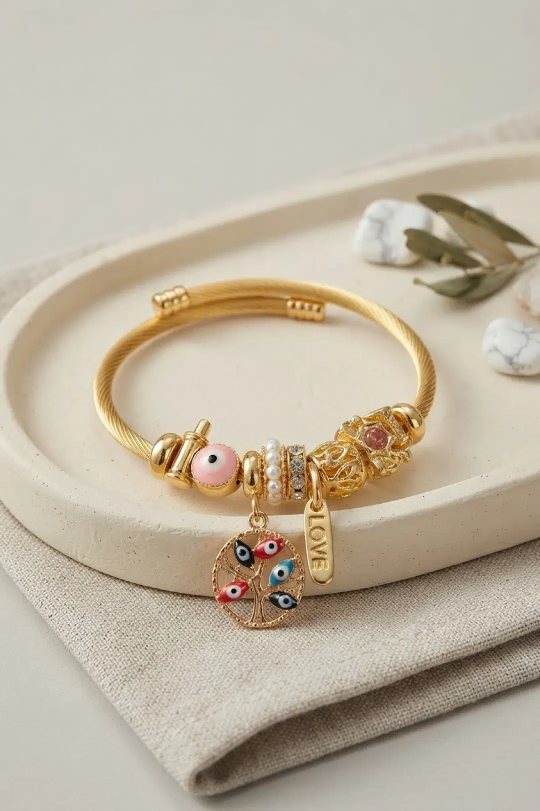 Pembe Nazar Detaylı Ağaç Charmlı Bileklik - EBJ260725W44493