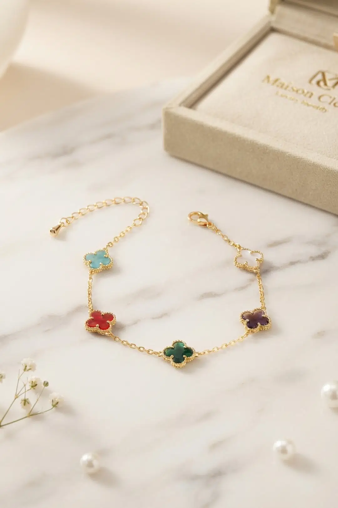 Renkli Kristal Taşlı Gold Renk Yonca Model Kadın Bileklik - EBJ260822W46377