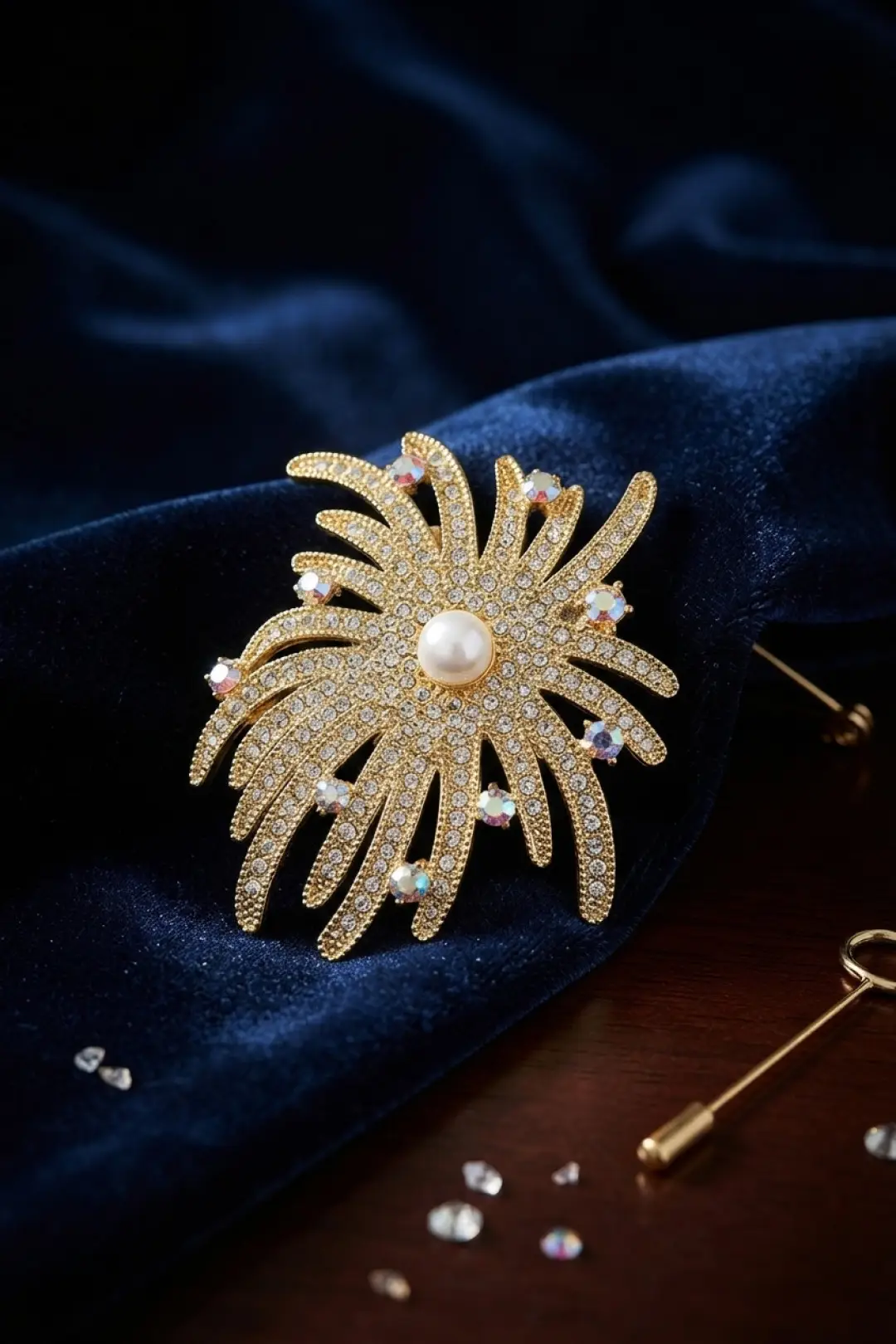 Zirkon Taşlı Gold Renk İnci Detaylı Broş - EBJ260829W46492