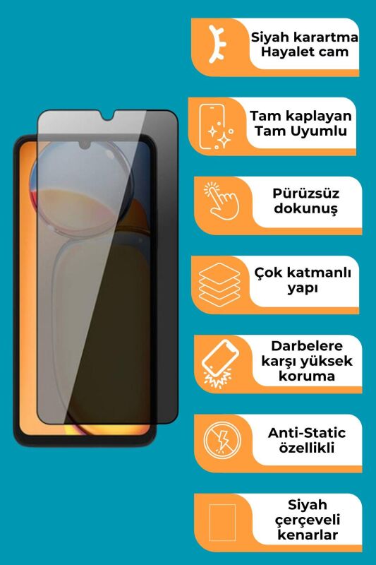 Xiaomi Redmi 13C Uyumlu Tam Kaplayan Hayalet Cam Siyah Karartma Ekran Koruyucu Cam Anti-Static Özellikli Siyah Çerçeveli - 2