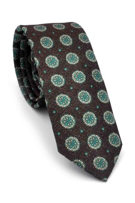 Yeşil Bej Yuvarlak Desenli Kahverengi Dokuma Kumaş Mendilli Slim Fit Kravat // SDK-250206 - 1