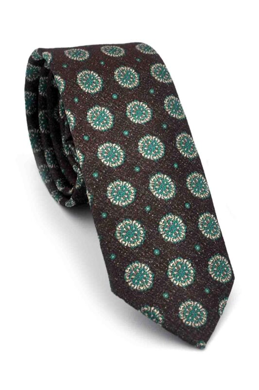 Yeşil Bej Yuvarlak Desenli Kahverengi Dokuma Kumaş Mendilli Slim Fit Kravat // SDK-250206 - 1
