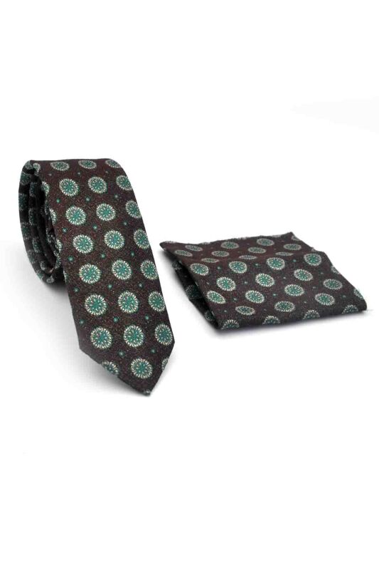 Yeşil Bej Yuvarlak Desenli Kahverengi Dokuma Kumaş Mendilli Slim Fit Kravat // SDK-250206 - 2
