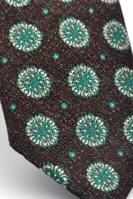 Yeşil Bej Yuvarlak Desenli Kahverengi Dokuma Kumaş Mendilli Slim Fit Kravat // SDK-250206 - 3