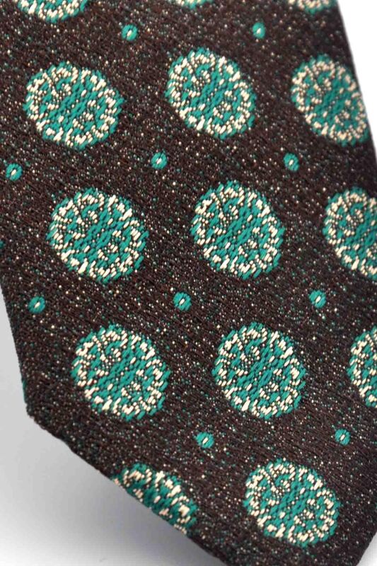Yeşil Bej Yuvarlak Desenli Kahverengi Dokuma Kumaş Mendilli Slim Fit Kravat // SDK-250206 - 3