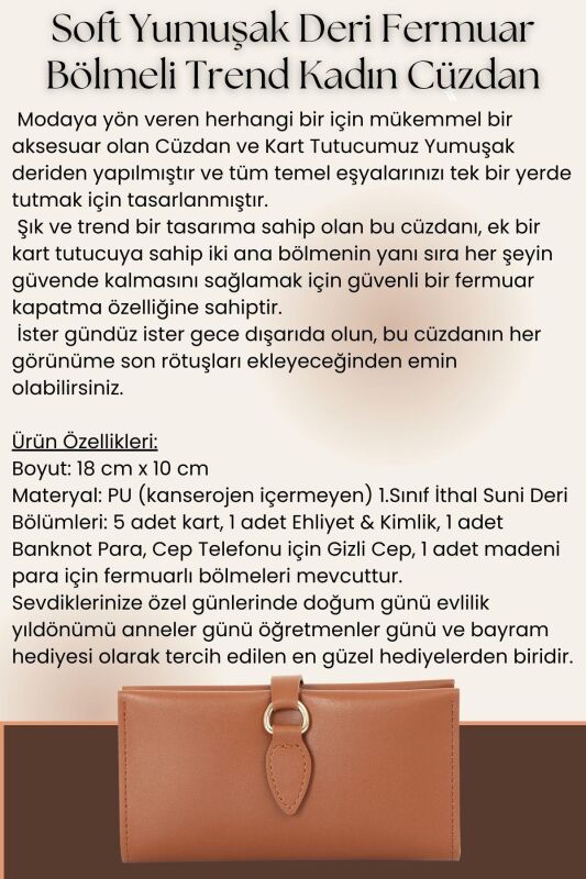 Yumuşak Suni Deri Fermuar Bölmeli Trend Kadın Cüzdan - PRS-Eylül-Turuncu - 6