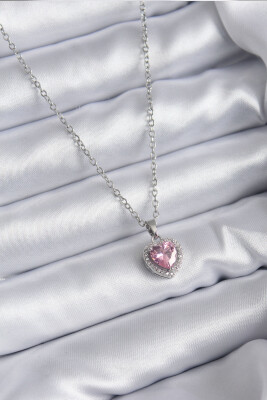 Zincir Gümüş Renk Pembe Zirkon Taş Charm Model Kadın Kolye - EBJ241109W28990 - 1