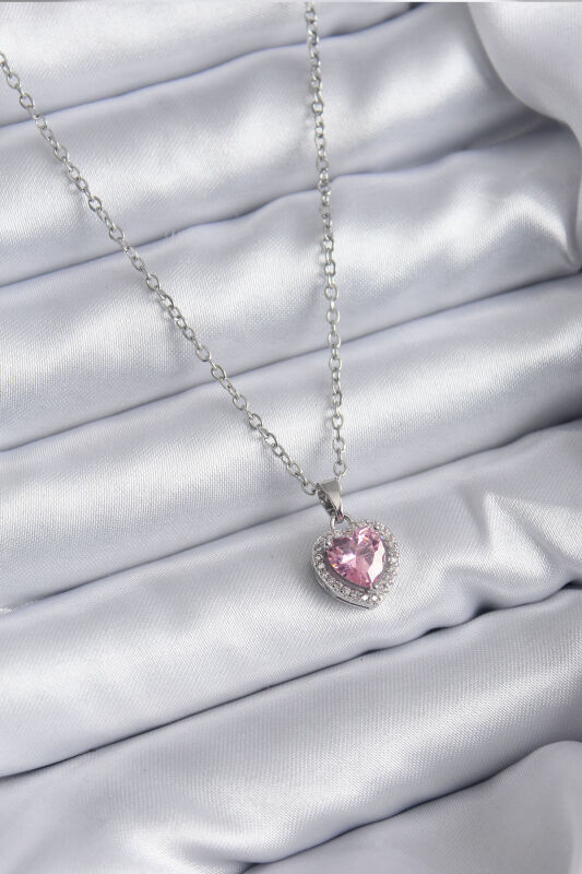 Zincir Gümüş Renk Pembe Zirkon Taş Charm Model Kadın Kolye - EBJ241109W28990 - 1
