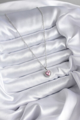 Zincir Gümüş Renk Pembe Zirkon Taş Charm Model Kadın Kolye - EBJ241109W28990 - 2