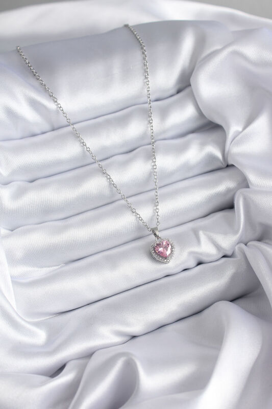 Zincir Gümüş Renk Pembe Zirkon Taş Charm Model Kadın Kolye - EBJ241109W28990 - 2