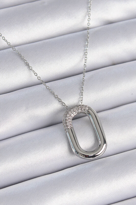 Zincir Gümüş Renk Zirkon Taşlı Oval Halka Model Kadın Kolye - EBJ241026W28663 - 1